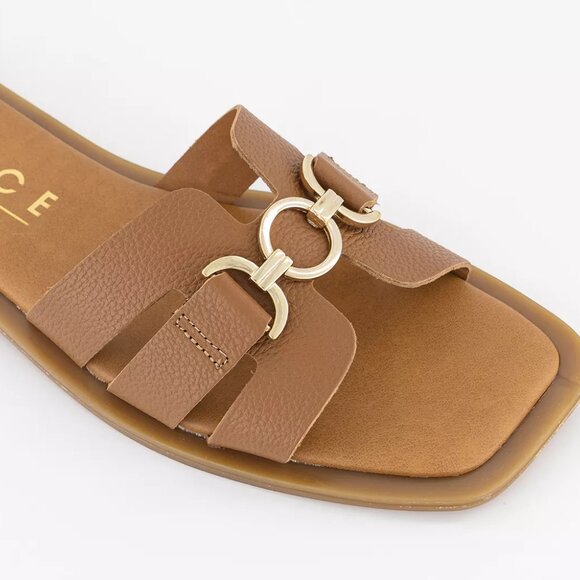 new OFFICE Salvador Gold Trim Slides Tan Leather Upper and LINING! 2T7 - Picture 4 of 6